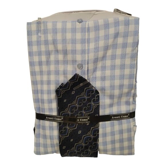 MEN'S AVANTI UOMO LT BLUE SMALL CHECK PATTERN WHITE COLLAR  FRENCH CUFFS DN1O6M - Picture 3 of 4